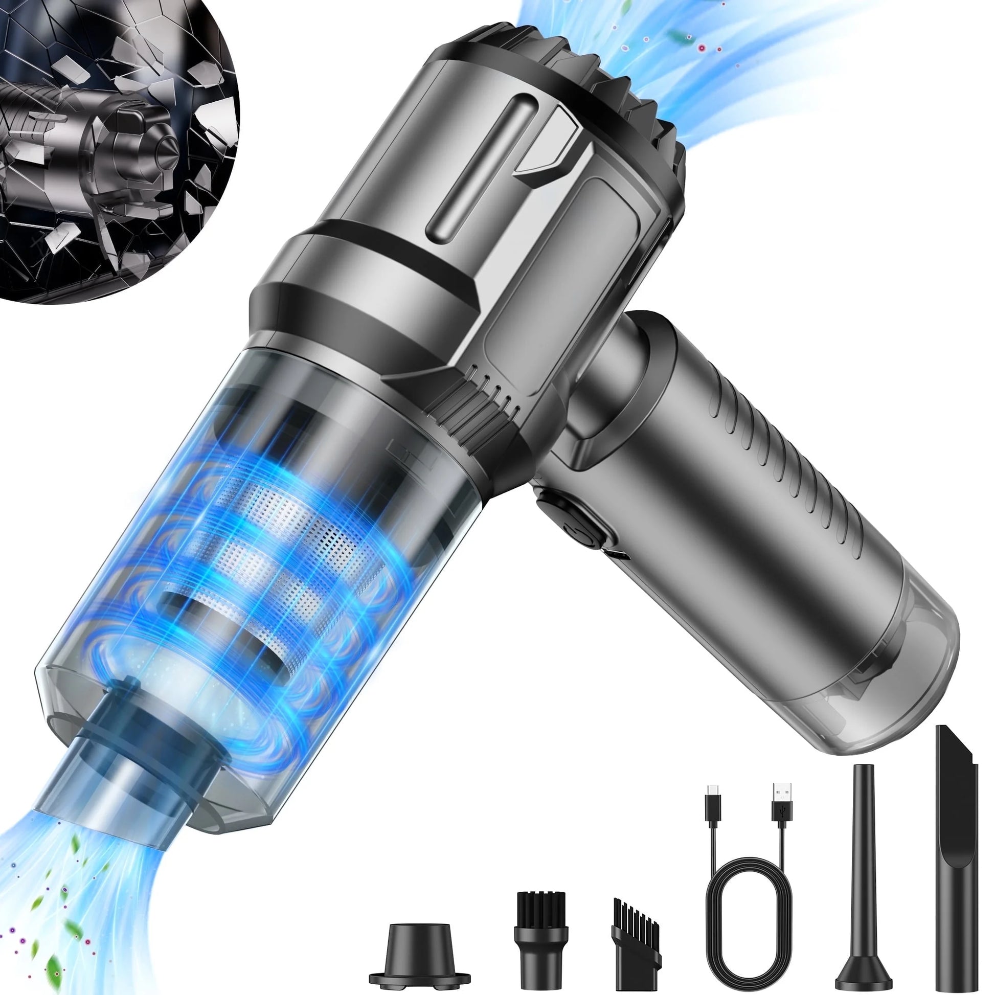 Cordless Handheld Vacuum Cleaner, Small Portable Car Vacuum Cleaner with Window Breaker, 15000Pa Powerful 3-In-1 Portable Handheld Vacuum for Home, Pet and Car