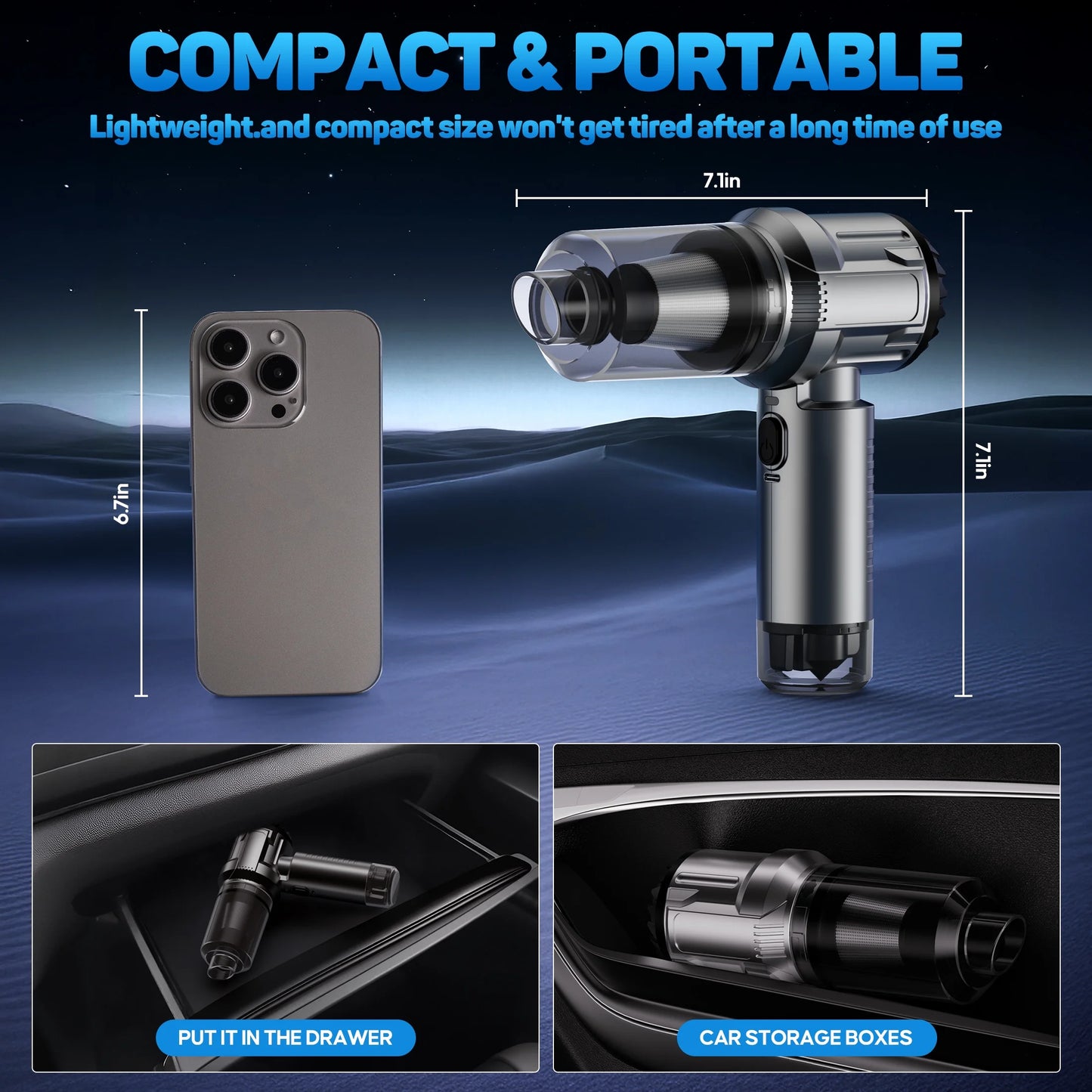 Cordless Handheld Vacuum Cleaner, Small Portable Car Vacuum Cleaner with Window Breaker, 15000Pa Powerful 3-In-1 Portable Handheld Vacuum for Home, Pet and Car